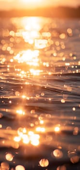 Sunset bokeh on water: golden sky over a body of water, with the light reflecting and creating a bokeh effect.. Neural network generated image. Not based on any actual scene or pattern.