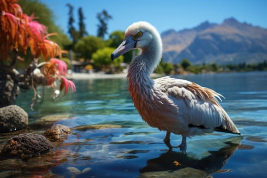 A large bird on the water near the island of Tahiti. Bird.