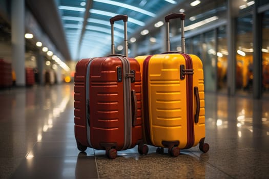 Two stylish colored suitcases are standing in an empty airport.