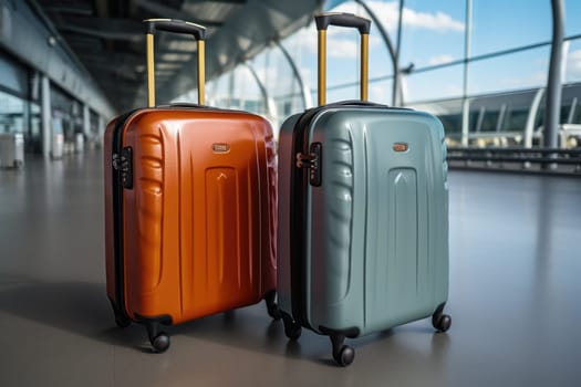 Two stylish colored suitcases are standing in an empty airport.