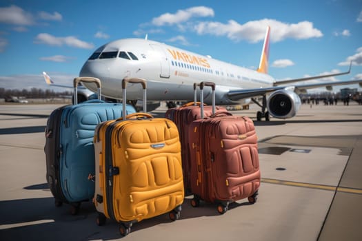 Three stylish colored suitcases standing in an empty airport.