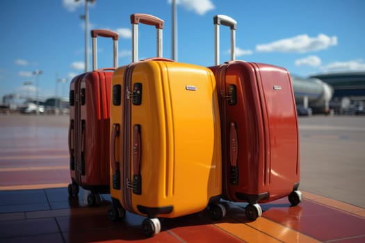 Three stylish colored suitcases standing in an empty airport.