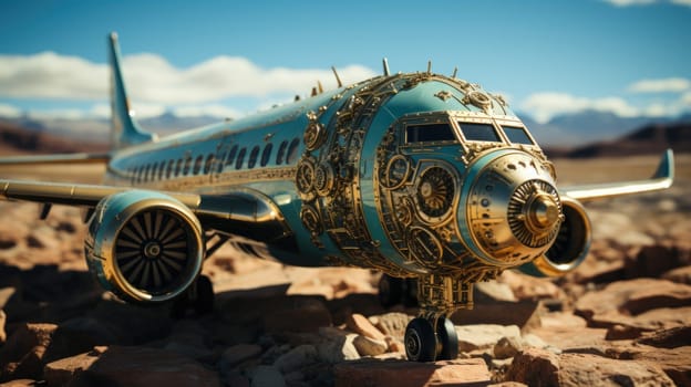 A large steel airplane on a desert runway .