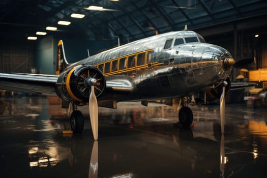 A large passenger airplane stands in an airport hangar.