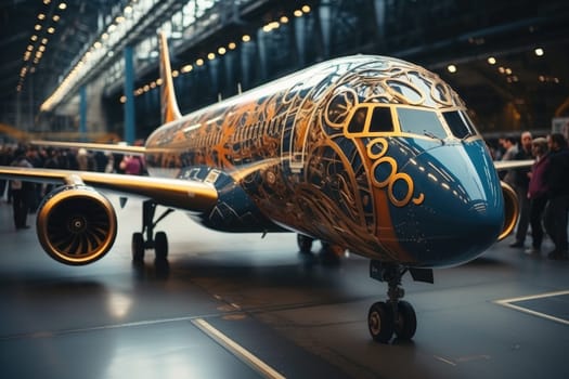 A large passenger airplane of the future stands in a hangar.