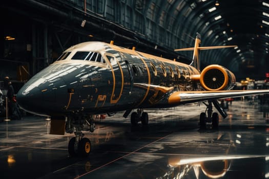 A large passenger airplane stands in an airport hangar.