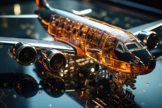 A large passenger airplane on an airport runway. Model airplane made of glass.