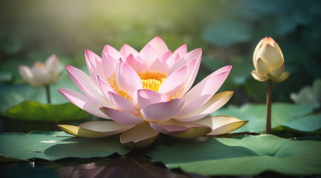 Beautiful pink waterlily or lotus flower in pond for your content creation