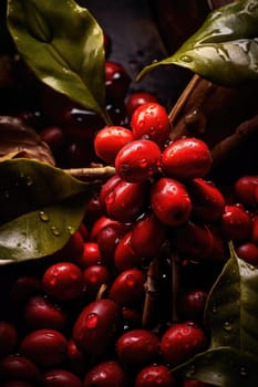 Close-up of coffee fruit at a coffee farm on a branch, Colombia.