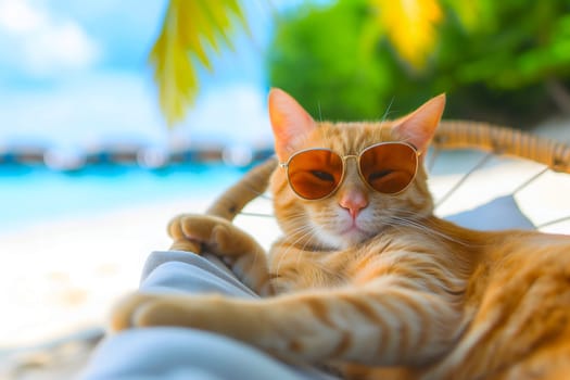 tabby cat with sunglasses laid on tropical beach, vacation theme. Neural network generated image. Not based on any actual person or scene.