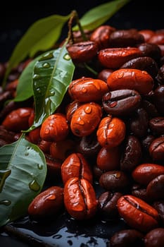 Close-up of coffee fruit at a coffee farm on a branch, Colombia.