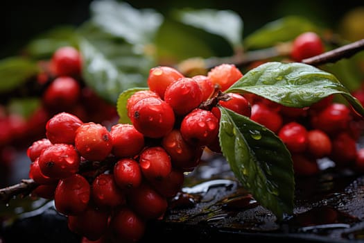 Close-up of coffee fruit at a coffee farm on a branch, Colombia.