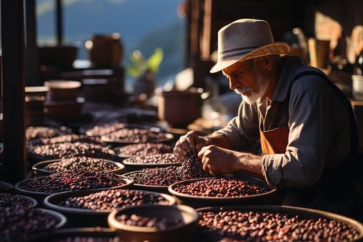 The farmer looks at the freshly picked coffee lying in a large plate.