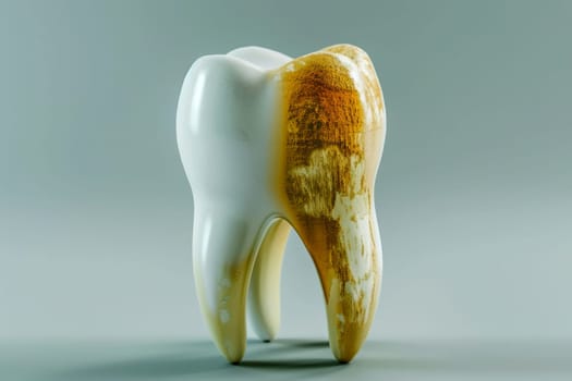 The yellow dirty tooth model is in front of a isolated background. Copy space, generative ai.