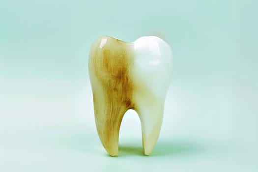 The yellow dirty tooth model is in front of a isolated background. Copy space, generative ai.