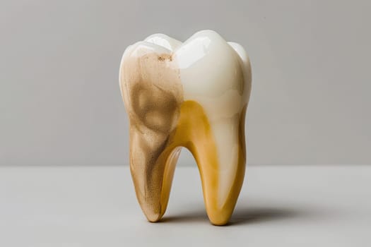 The yellow dirty tooth model is in front of a isolated background. Copy space, generative ai.