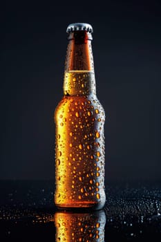 Close-up view of fresh bottles of beer with a light shining on the top of the bottle and bottom half of the bottle. Ai generative.