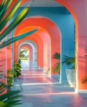 A vibrant public space with arches adorned with colorful palm trees, creating a symmetrical and artistic landscape. The buildings lighting highlights the beauty of this painted hallway