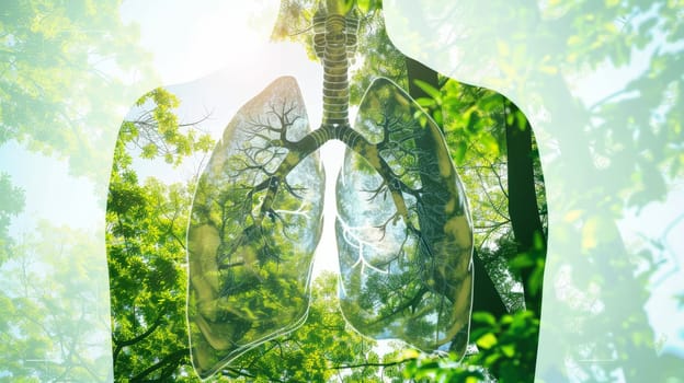 a double exposure of a human lung and trees on forest the background with environment green day concept . Generative AI.