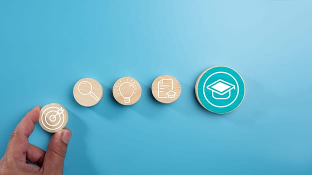 Circular wooden board with graduation and education symbols linked with each other with lines, Success and necessary skills in graduation or education, Knowledge and teaching.