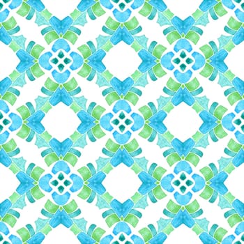 Ikat repeating swimwear design. Green surprising boho chic summer design. Watercolor ikat repeating tile border. Textile ready astonishing print, swimwear fabric, wallpaper, wrapping.