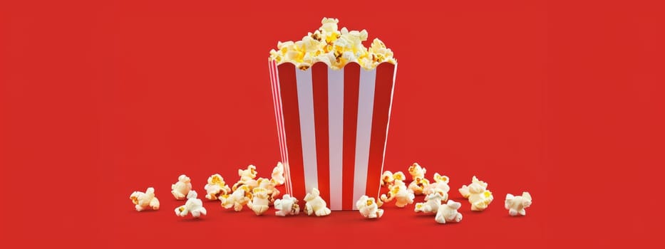 Popcorn in a paper red and white box isolated on the red background