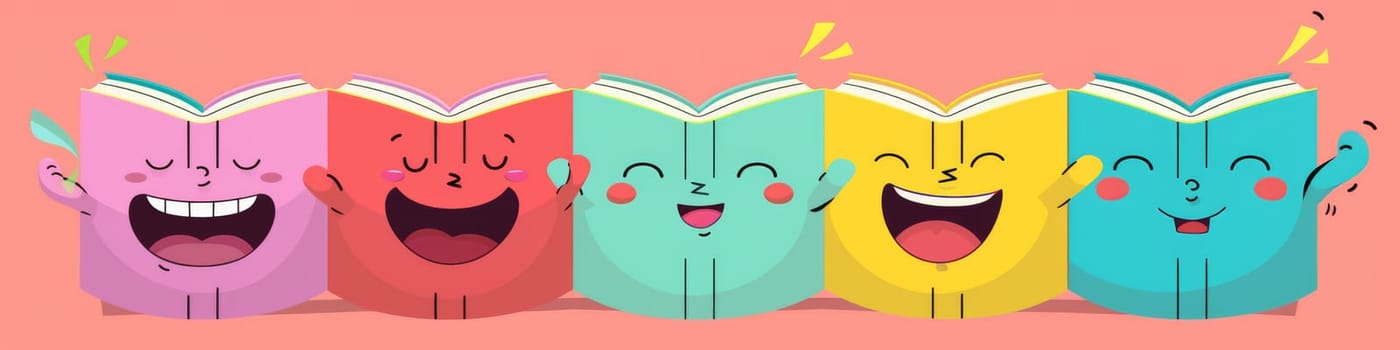 Row of colorful, smiling and laughing books as a banner
