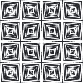 Ikat repeating swimwear design. Black symmetrical kaleidoscope background. Summer ikat sweamwear pattern. Textile ready charming print, swimwear fabric, wallpaper, wrapping.