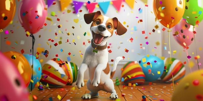 Dog enjoying and celebrating the celebration with balloons and confetti