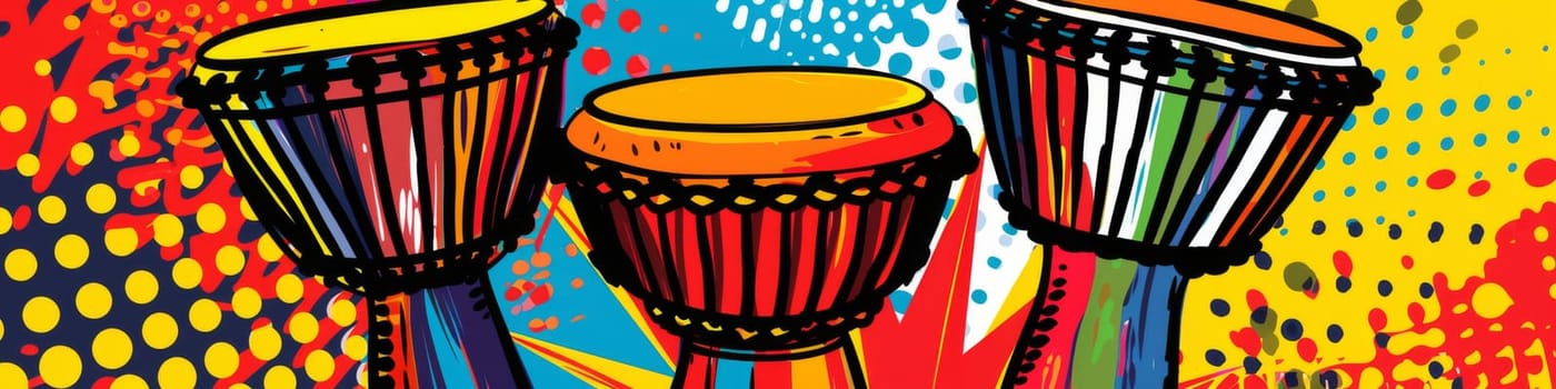 Djembe drums in row as pop art style, musical instrument