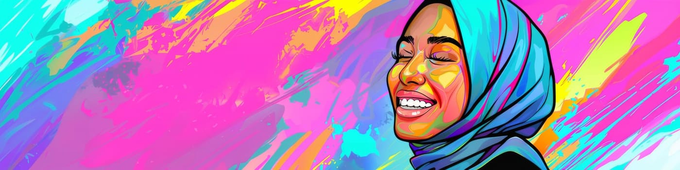 Portrait of an ethnic smiling laughing woman in hijab on the colorful background