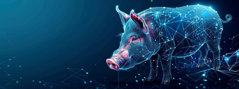Pig on the left side with a polygonal wireframe around isolated on a blue background