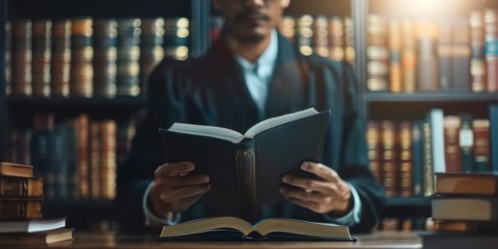 A lawyer in a suit is writing in a book.