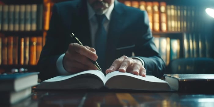 A lawyer in a suit is writing in a book.