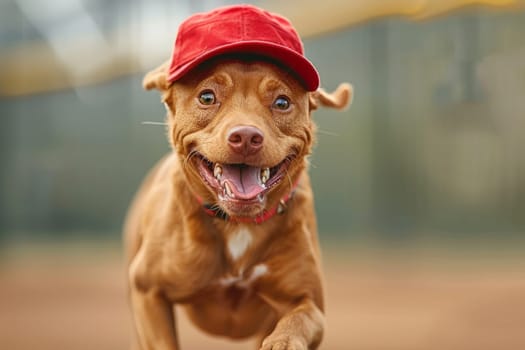 Dog playing and wearing a baseball.