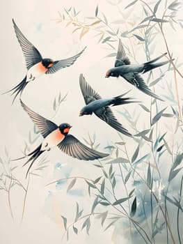 A painting capturing three swallows gracefully flying over a bamboo tree, showcasing the beauty of wildlife and the harmony between bird and plant organisms