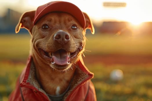 Dog playing and wearing a baseball.