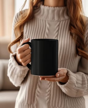 Mock-up of black coffee mug girl woman holds in her hands.