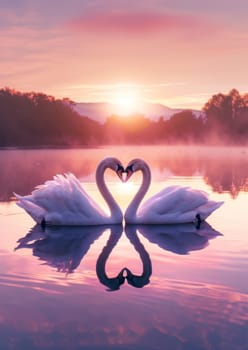 Two swans forming a heart shape with their necks on a tranquil lake as the sun sets. Love and romantic concept.