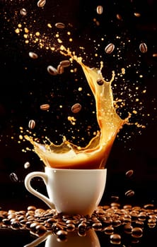 Coffee cup with splashes and coffee beans flying in the air on a dark background.