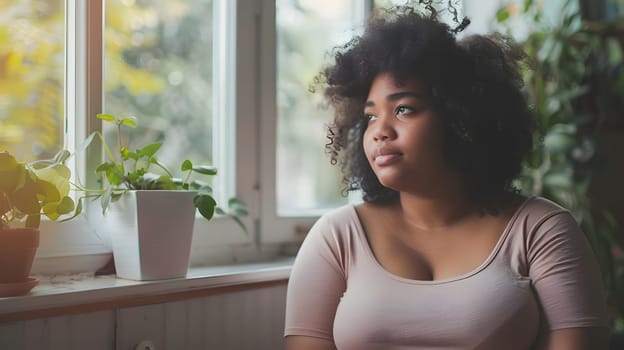 A woman sits on a wooden window sill, gazing out at the houseplants in flowerpots. Her thighs rest on the hardwood as she enjoys the peaceful view