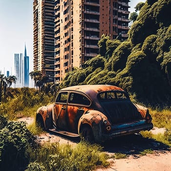 Abandoned cityscape, Deserted cityscape overgrown with vegetation, showcasing dilapidated skyscrapers, rusted cars, and nature reclaiming the urban environment.
