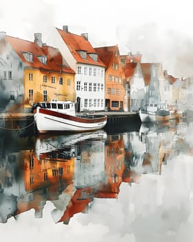 An art painting depicting a boat on the water with buildings in the background. The reflection of the boat in the water adds a realistic touch to the scene