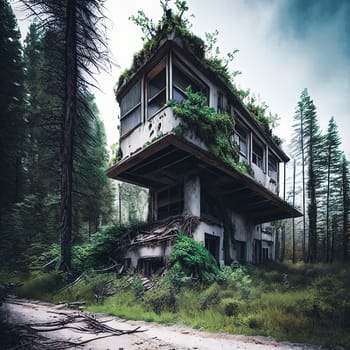 Nature's Takeover. Post-apocalyptic setting where nature prevails, with trees growing through broken concrete, wildlife thriving in abandoned structures, and a sense of harmony between man-made structures and the natural world.
