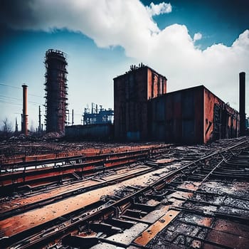 Industrial Decay. Industrial area in decay, with abandoned factories, rusty machinery, and a polluted skyline creating a haunting scene of industrial collapse.