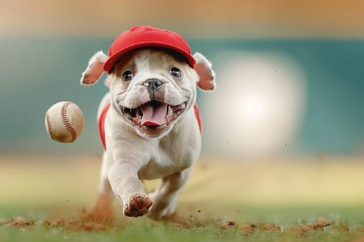 Dog playing and wearing a baseball.