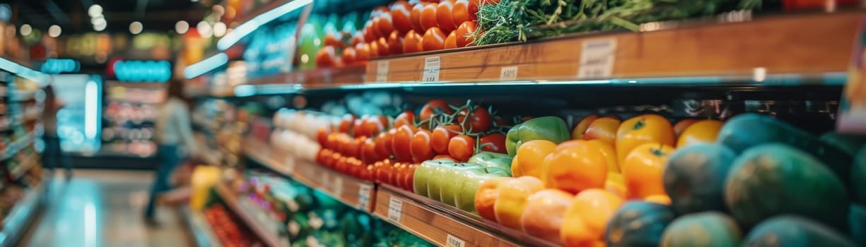 A grocery store aisle with a variety of fruits and vegetables.