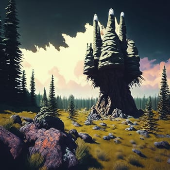 Post-nuclear Wilderness. Landscape transformed by nuclear fallout, featuring mutated flora, eerie rock formations, and a toxic sky tinged with ominous hues.