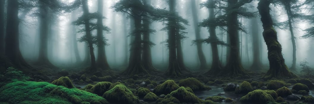 Welcome to the Mystical Forest Ancient trees cloaked in mist, moss-covered rocks, light filtering through the foliage. Discover enchantment in every corner of this ethereal realm. Generative AI.