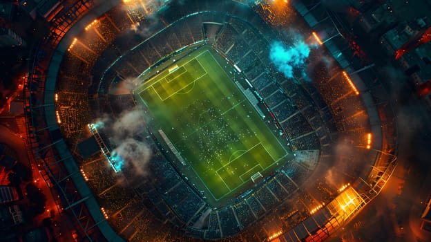 A birdseye view of a soccer stadium with automotive lighting creating a mesmerizing pattern in the darkness. The glass building stands out in the city, forming a perfect circle space for the event